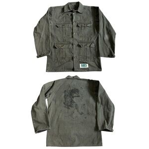 Snake Oil Provisions x Earls Apparel Army Fatigue Chore Jacket Sz S Tiger Print